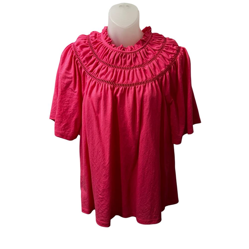 Ann Taylor Shirt Women’s Ruched Pink Casual High Ruffle Neck Flutter Sleeve Top